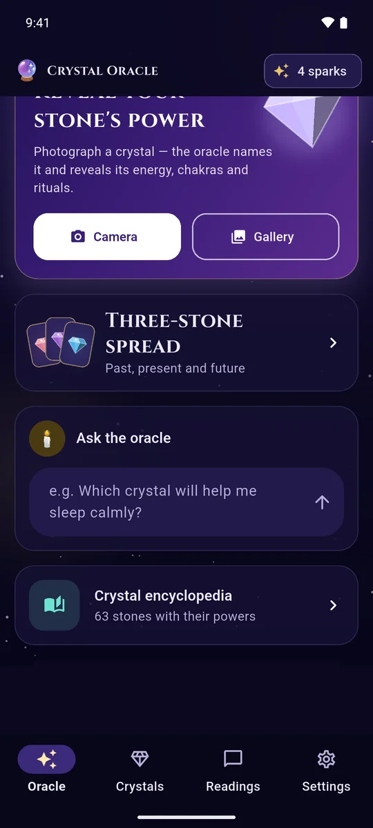 Scan a stone, draw a spread, ask the oracle and open the crystal encyclopedia